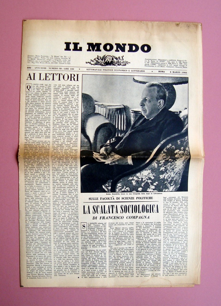 Il Mondo Ultimo Numero 8/3/1966 Raro Testamento editoriale politico Grosci …