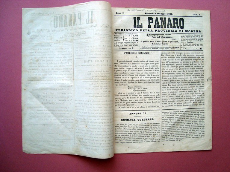 Il Panaro Settimanale Provincia Modena 26/4/1862 diventa trisettimanale A.1 n.1 | Immagine Gallery 2