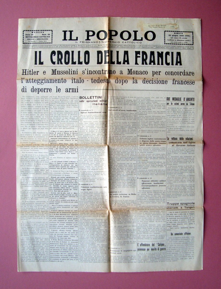 Il Popolo 22/6/1940 Il Crollo della Francia Hitler Mussolini incontro …