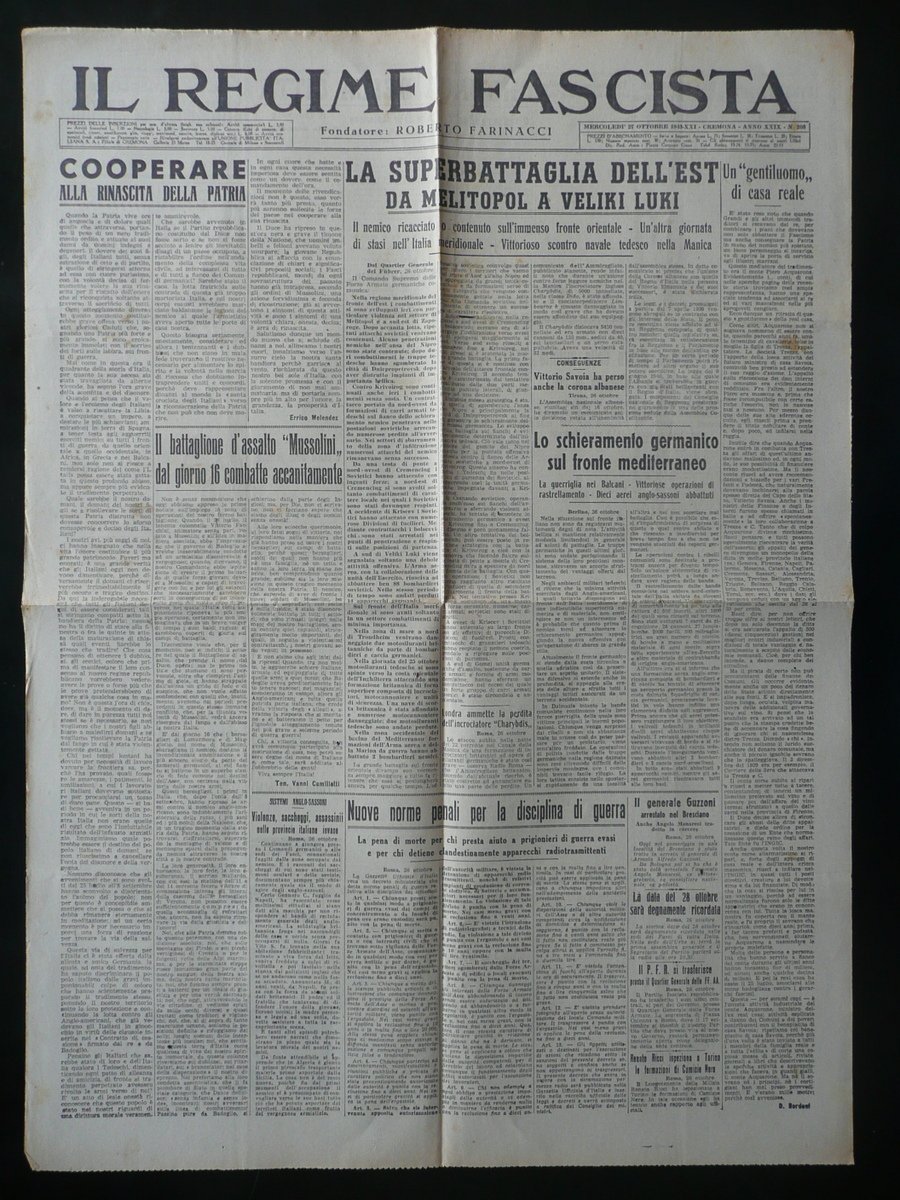 Il Regime Fascista Anno XXIX N.203 27 Ottobre 1943 Cremona …
