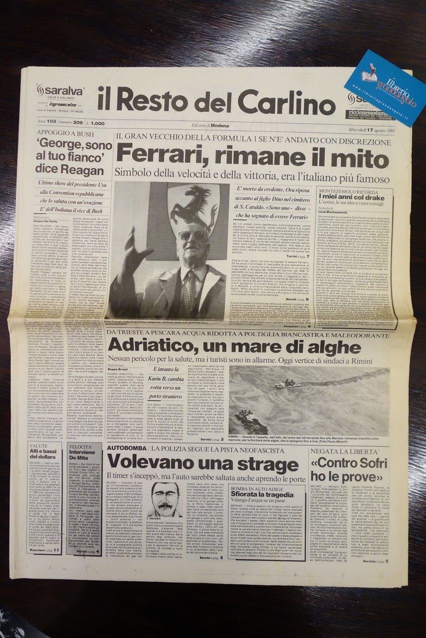 IL RESTO DEL CARLINO MODENA MORTE ENZO FERRARI 17/8/1988 COMPLETO