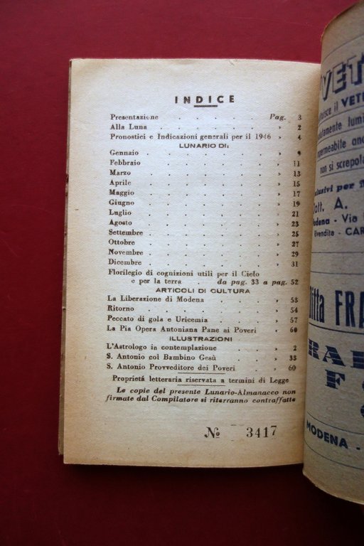 Il Solitario Cappuccino Lunario Almanacco Modenese 1946 Modena