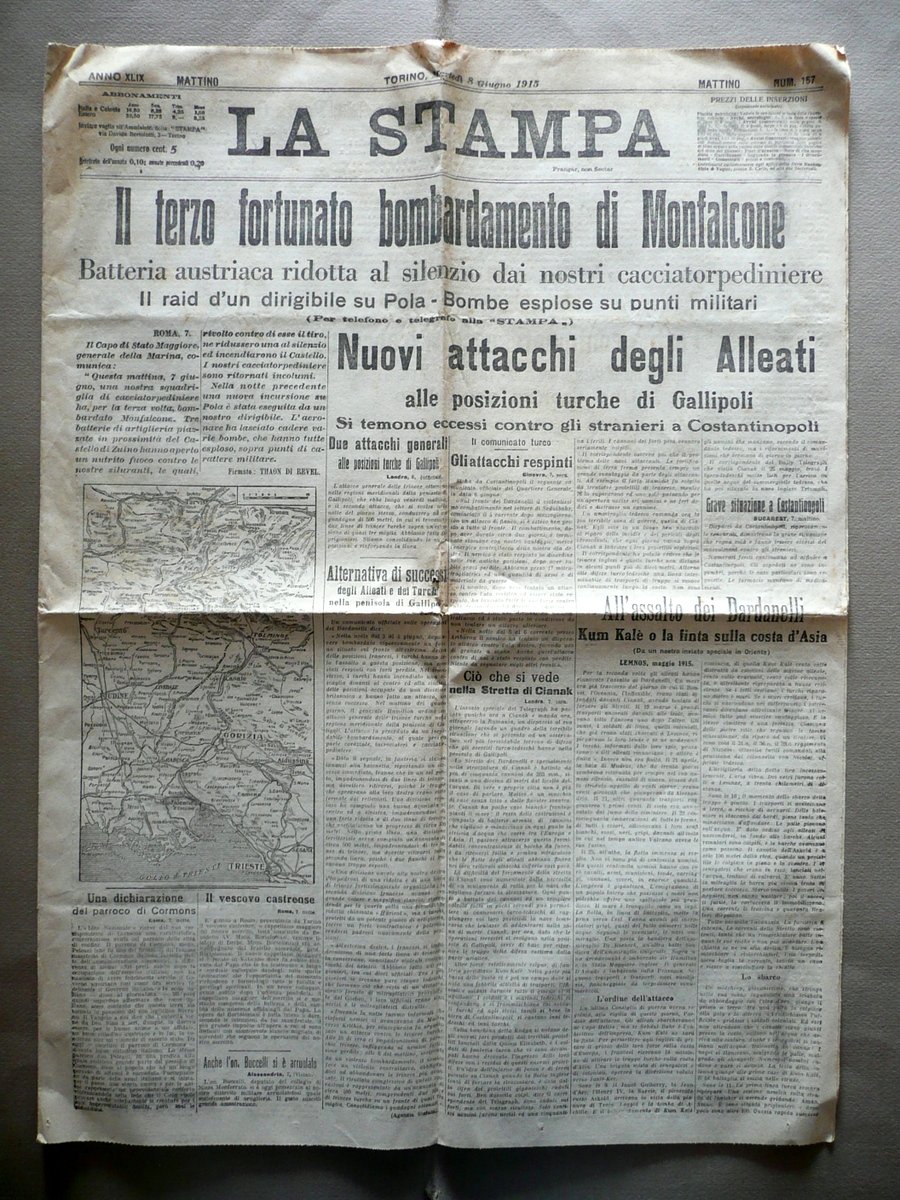 Il Terzo Fortunato Bombardamento di Monfalcone La Stampa 8/6/1915 WW1 …