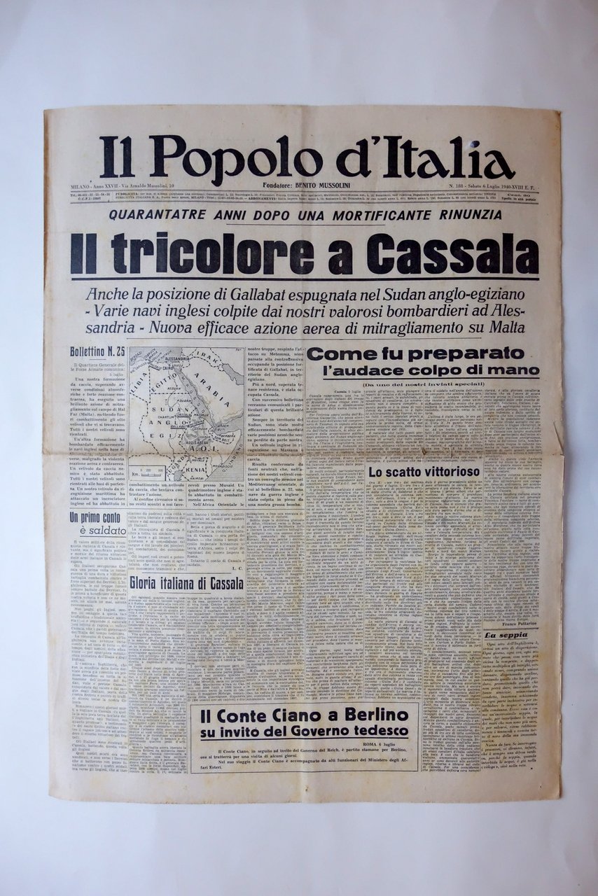 Il Tricolore a Cassala il Popolo d'Italia Milano 6/7/1940 WW2 …