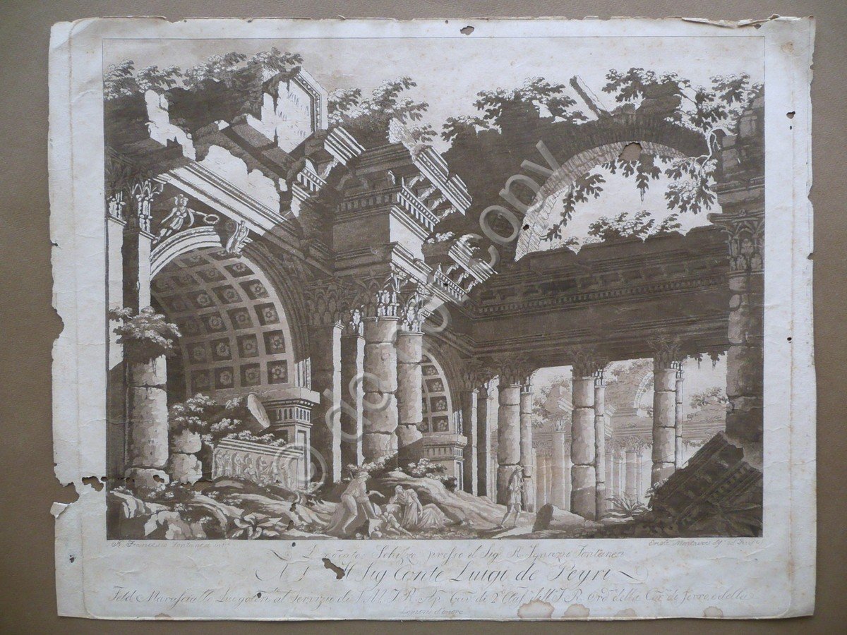 Incisione Acquatinta Francesco Fontanesi Scenografia Conte Luigi de Peyri Teatro