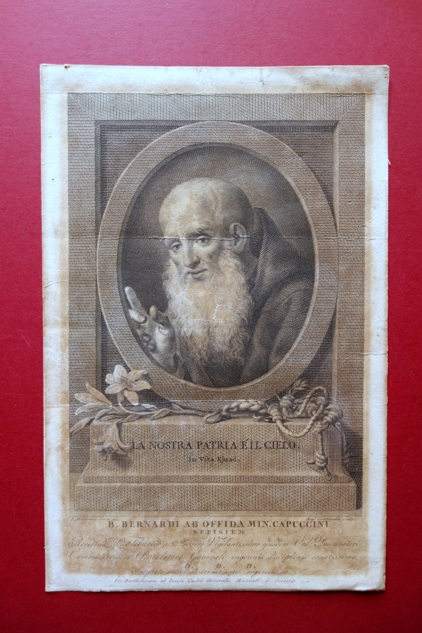 Incisione Beato Bernardo da Offida Cappuccini Mallerini Campanella '800