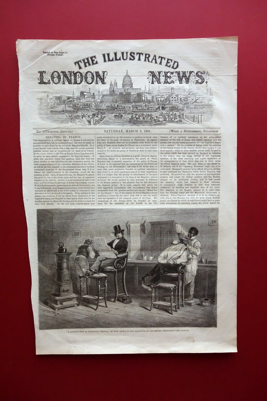 Incisione Bottega di Barbiere Richmond Virginia Illustrated London News 1861
