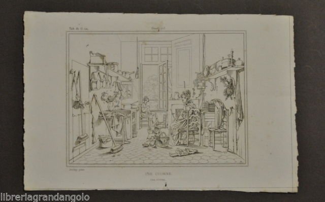 Incisione Calcografica al Tratto Cucina Ambienti Casa Moda Costume 1800