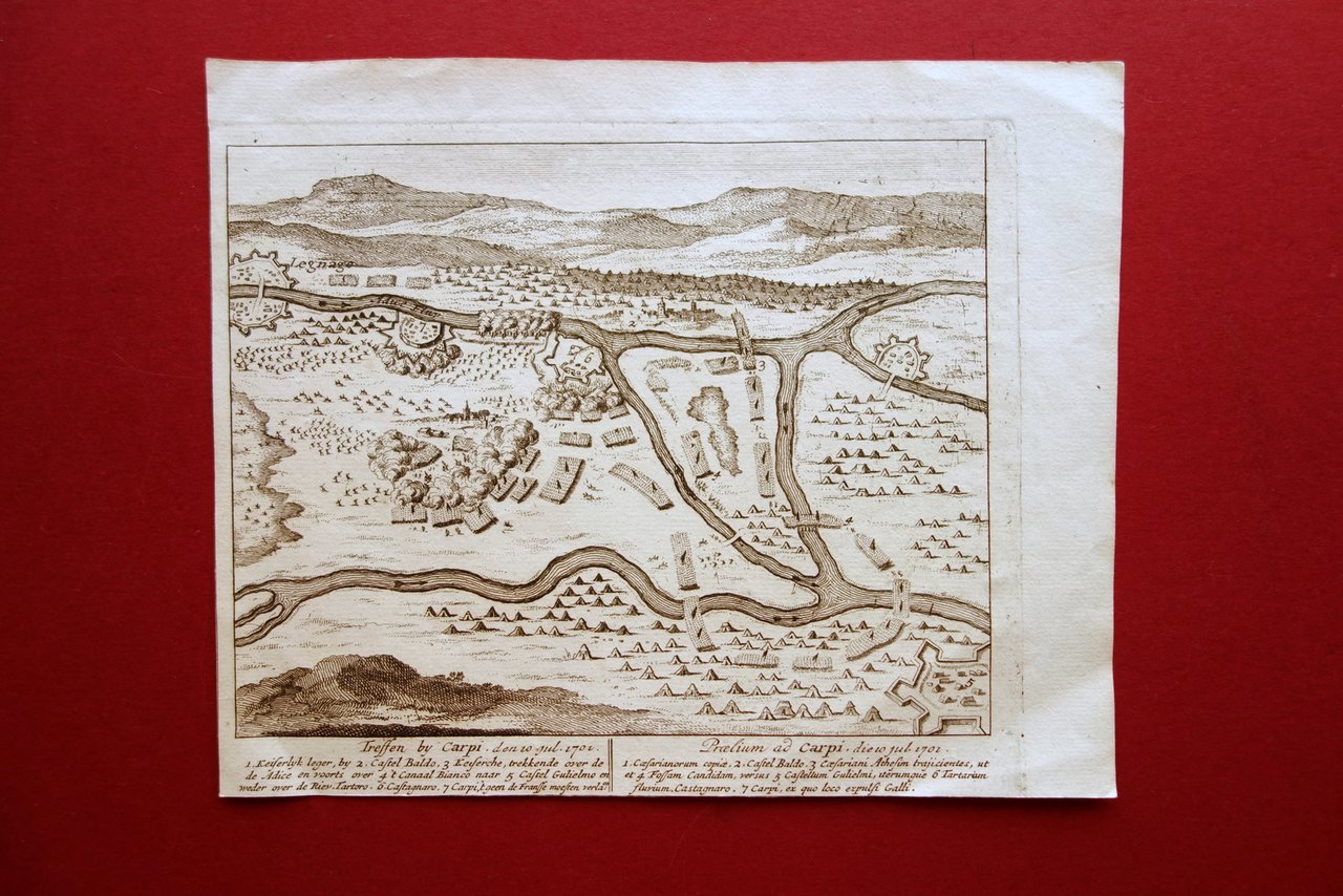 Incisione Carta Praelium ad Carpi Legnago 10/7/1701 Battaglia di Carpi …