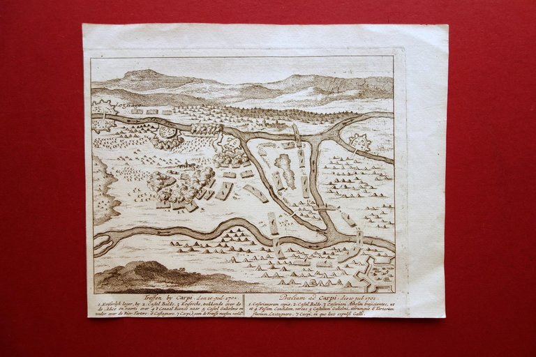 Incisione Carta Praelium ad Carpi Legnago 10/7/1701 Battaglia di Carpi Veneto