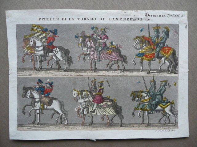 Incisione Cavalieri Torneo Laxenburgo Germania Migliavacca Arte Colore Epoca