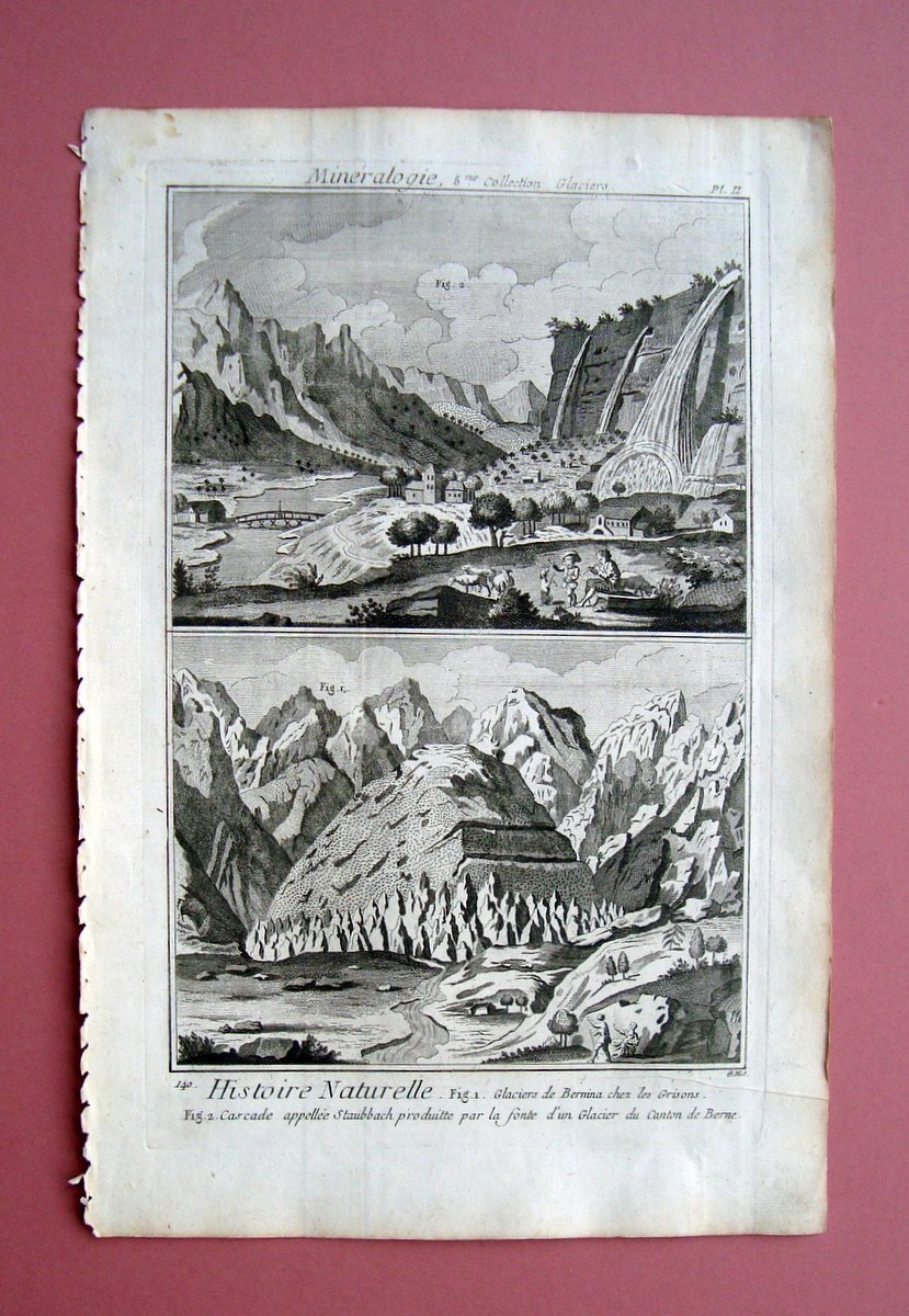 Incisione Histoire Naturelle Glaciers de Bernina Cascade Staubbach Diderot 1751