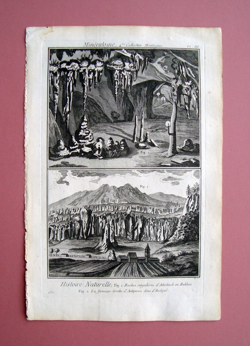 Incisione Histoire Naturelle Roches Aderbach Boeme Grotte Antiparos Diderot 1751