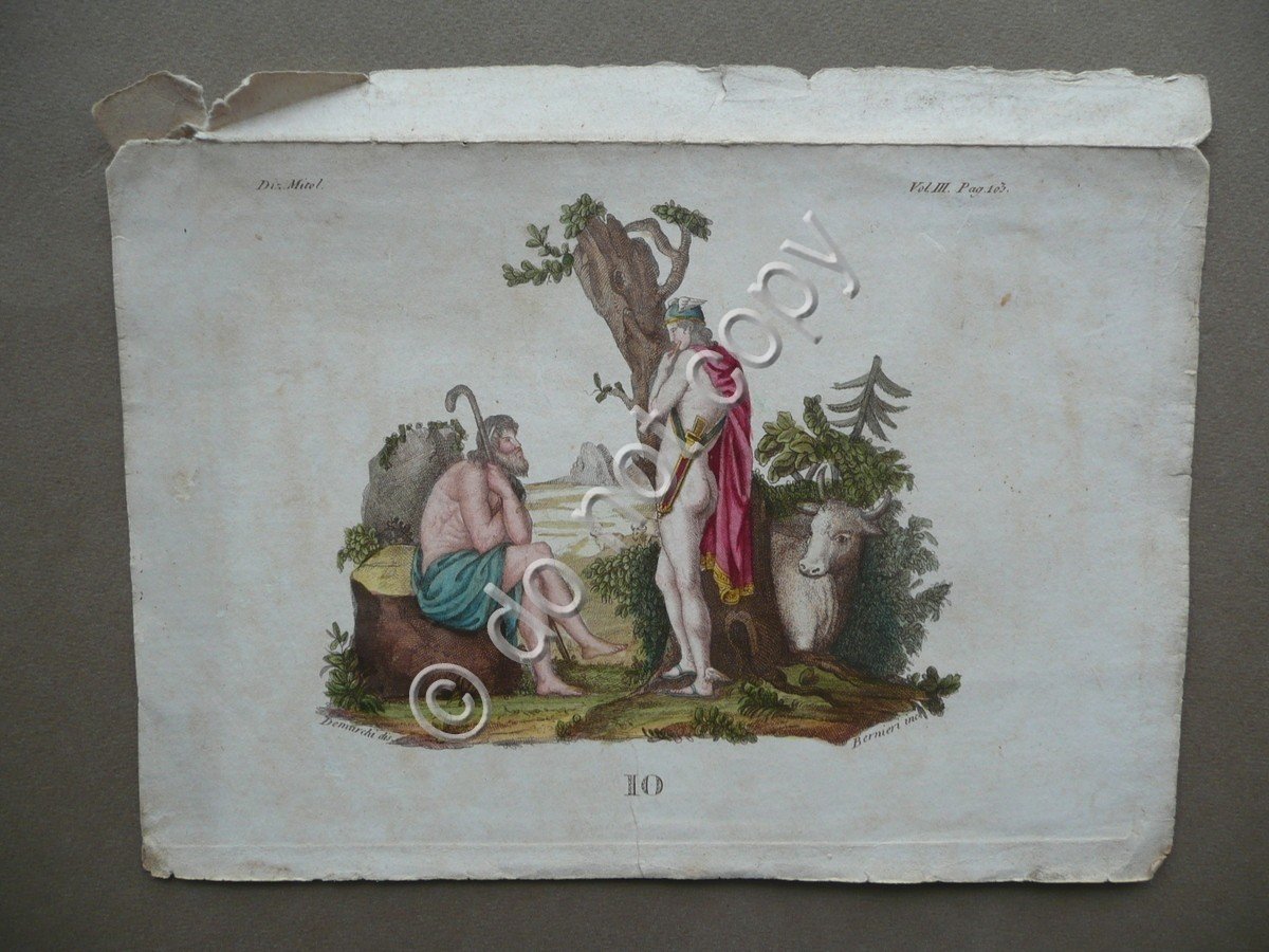 Incisione Io Mitologia Prima Met‡ Ottocento Bernieri Colorazione d'Epoca Arte