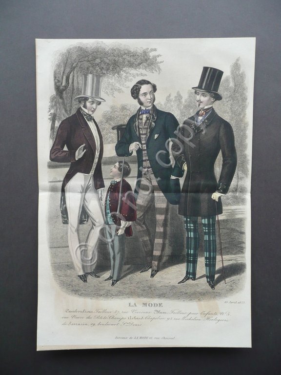 Incisione La Mode Moda Maschile Figurini 15/4/1853 Colorazione d'Epoca Abiti | Immagine Gallery 1