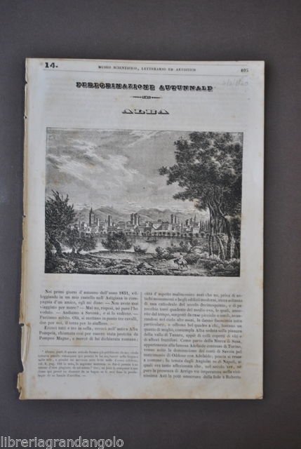Incisione Piemonte Alba Monferrato Torri Museo Scientifico Letterario 1840