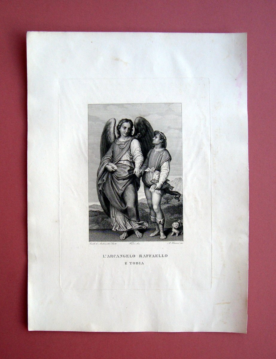 Incisione rame L'Arcangelo Raffaello e Tobia Galleria Pitti Firenze 1842