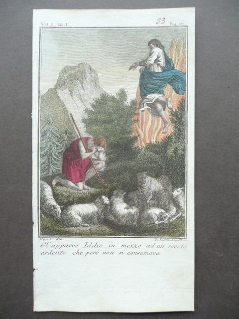 Incisione Rame Miracoli Apparizione Roveto Ardente Klemi Bonatti Primi 1800
