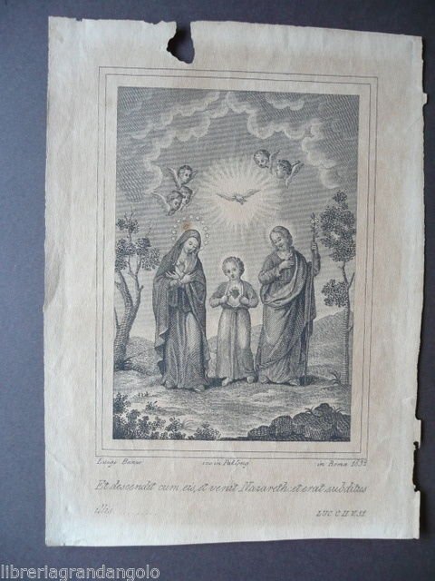 Incisione Santino Sacra famiglia Luigi Banzo Roma 1852