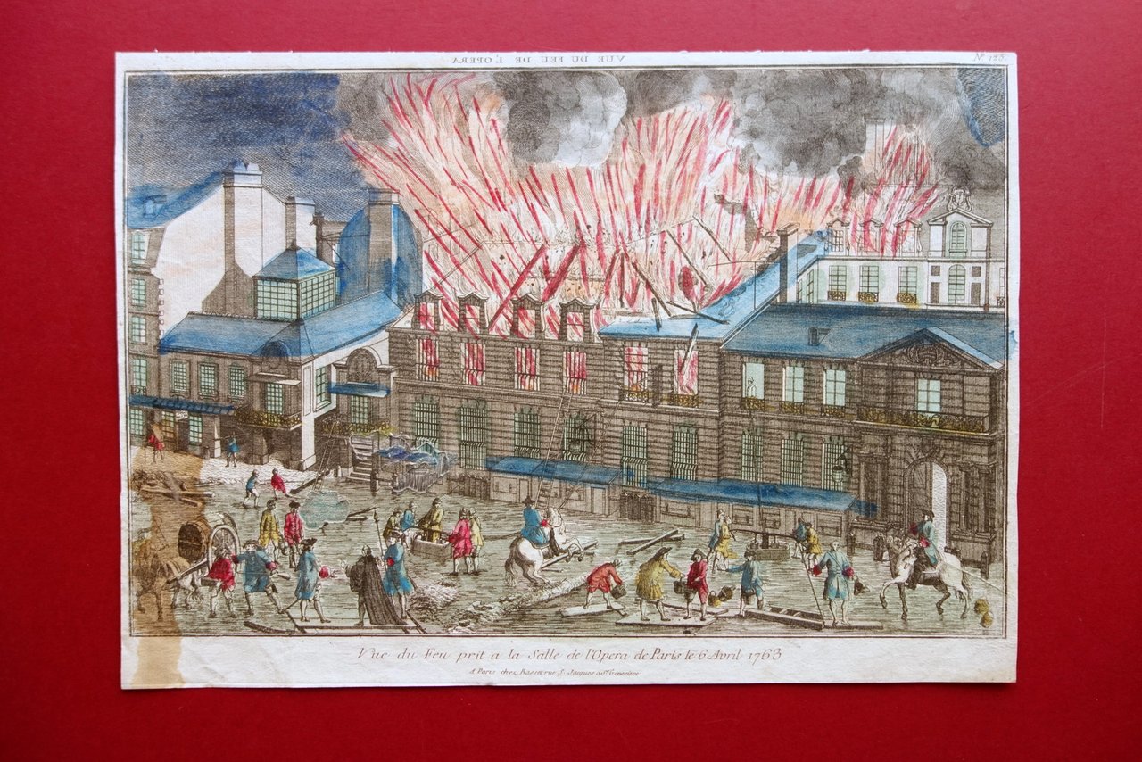 Incisione Vue d'Optique Vue du Feu prit a la Salle …