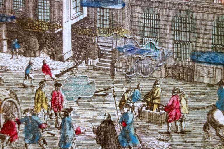 Incisione Vue d'Optique Vue du Feu prit a la Salle …