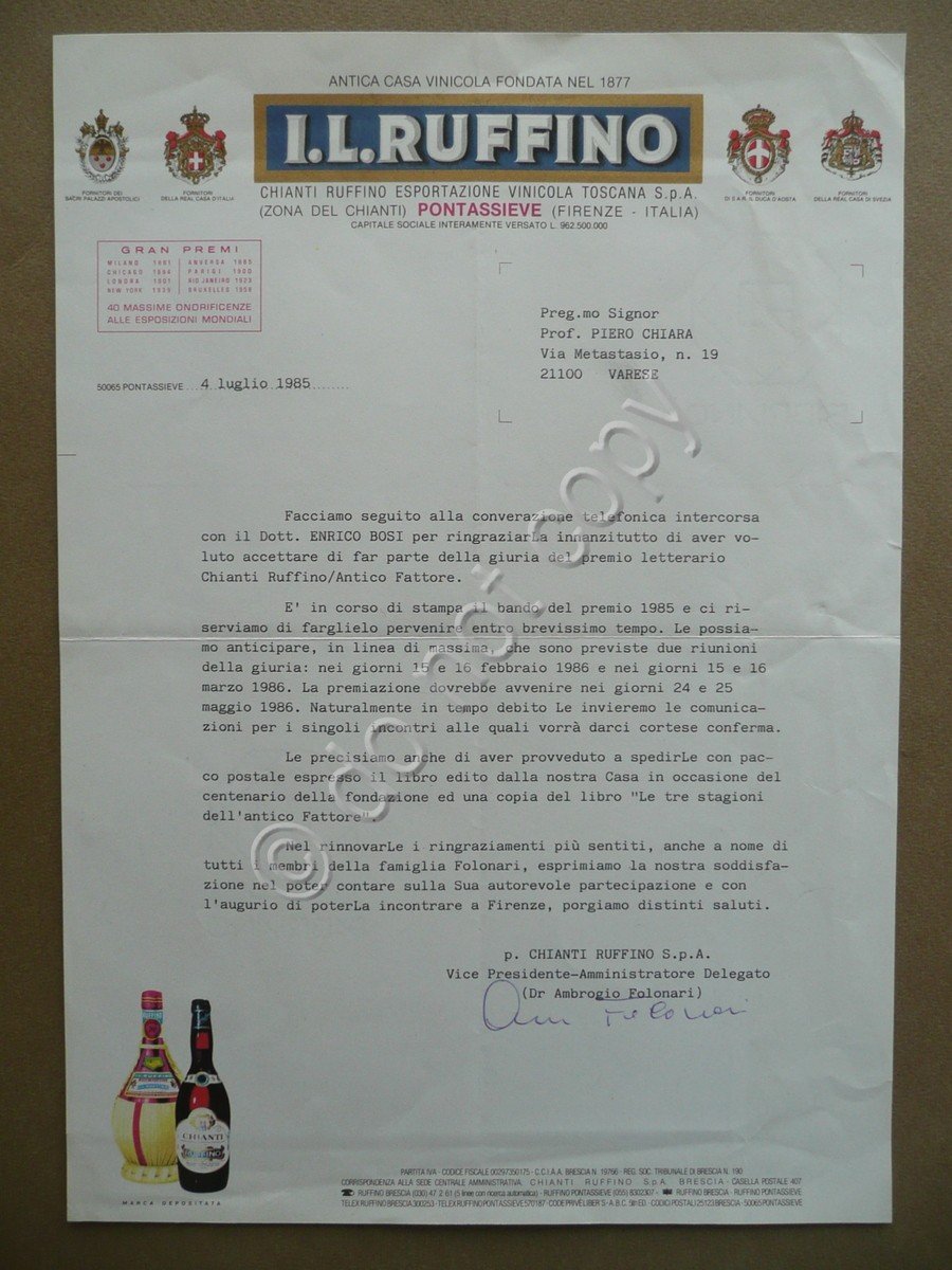 Invito Dattiloscritto Piero Chiara Giuria Premio Letterario 1985 Chianti Ruffino