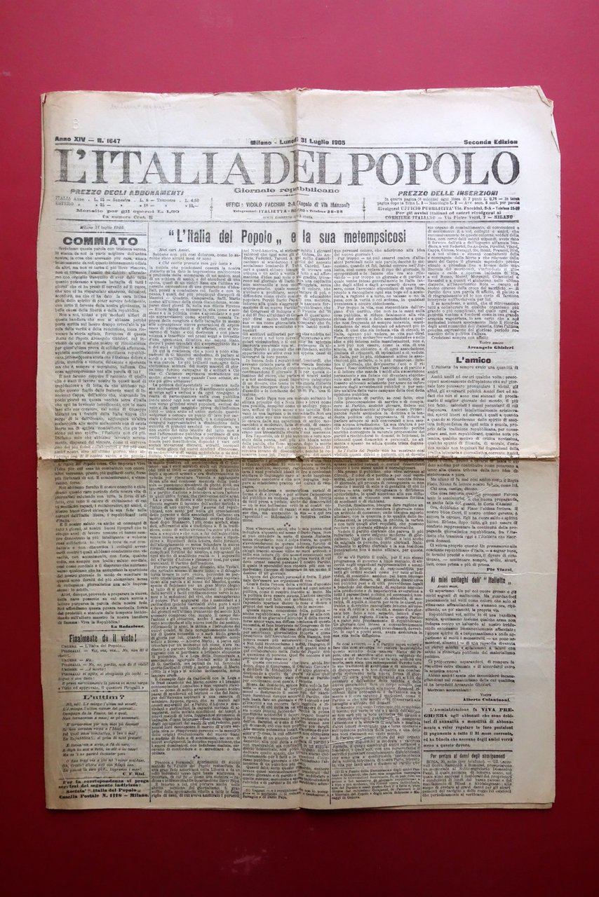 Italia del Popolo Anno XIV Milano 31/7/1905 Ultimo Numero Giornale …