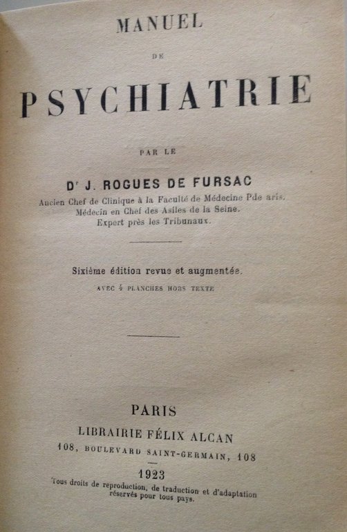 J Rogues De Fursac Manuel di Psychiatrie Librairie FÈlix Alcan …