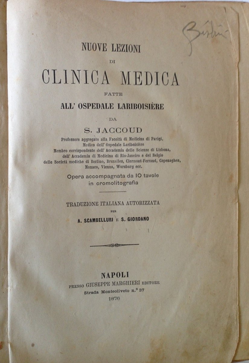 JACCOUD NUOVE LEZIONI DI CLINICA MEDICA NAPOLI MARGHIERI 1876 | Immagine principale