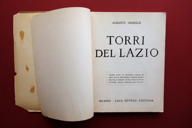 Jandolo Augusto Torri del Lazio Casa Editrice Ceschina 1941