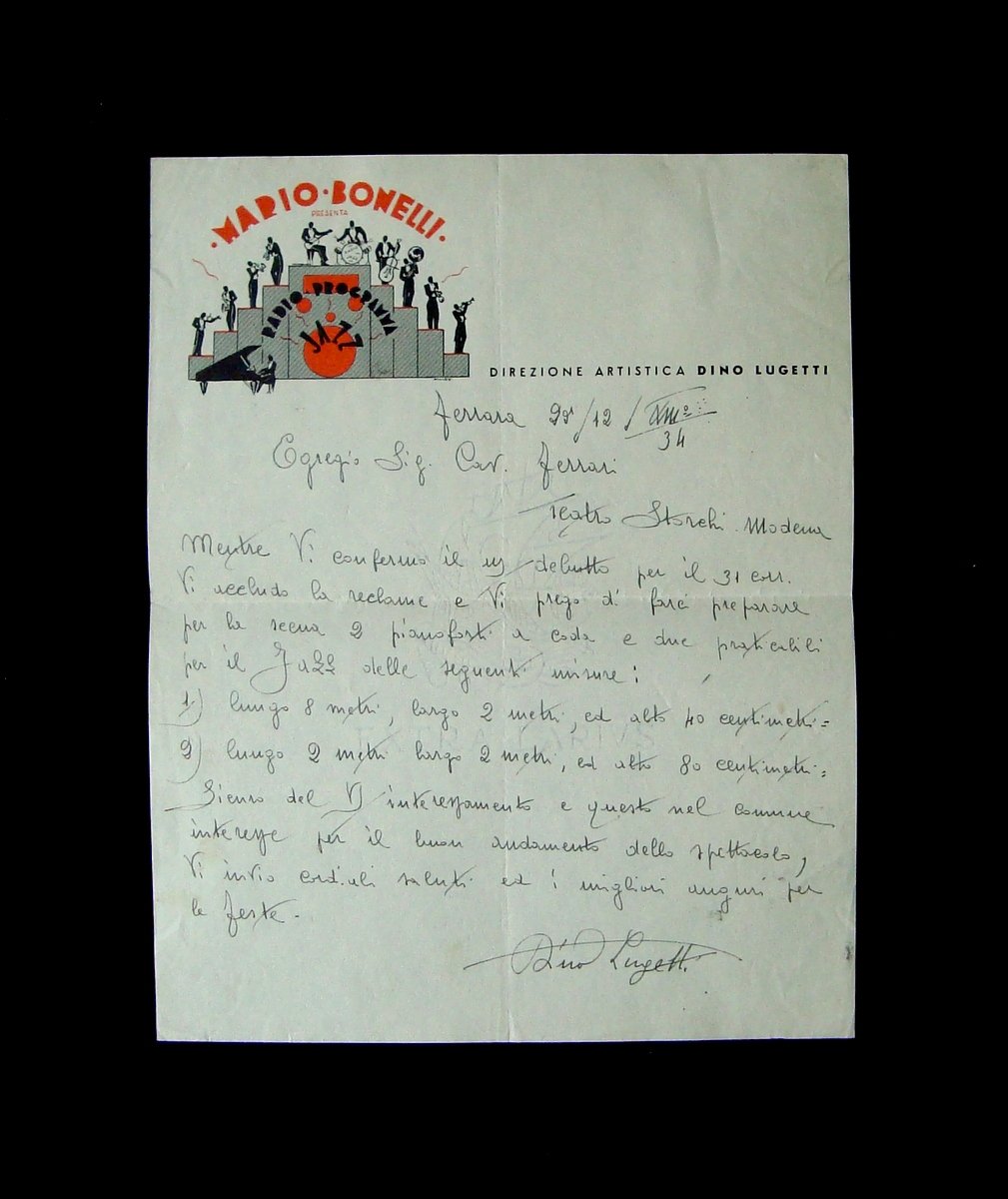 Jazz Radio Spettacoli Mario Bonelli lettera manoscritta 1934 Dino Lugetti …