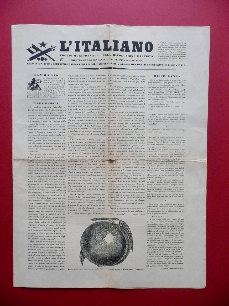 Jean Cocteau Marinetti L'Italiano Quindicinale Longanesi Soffici Num. 11-12 1929