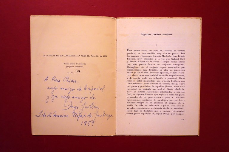 Jorge Guillen Algunos Poetas Amigos 1958 Autografo Ex Libris Piero …