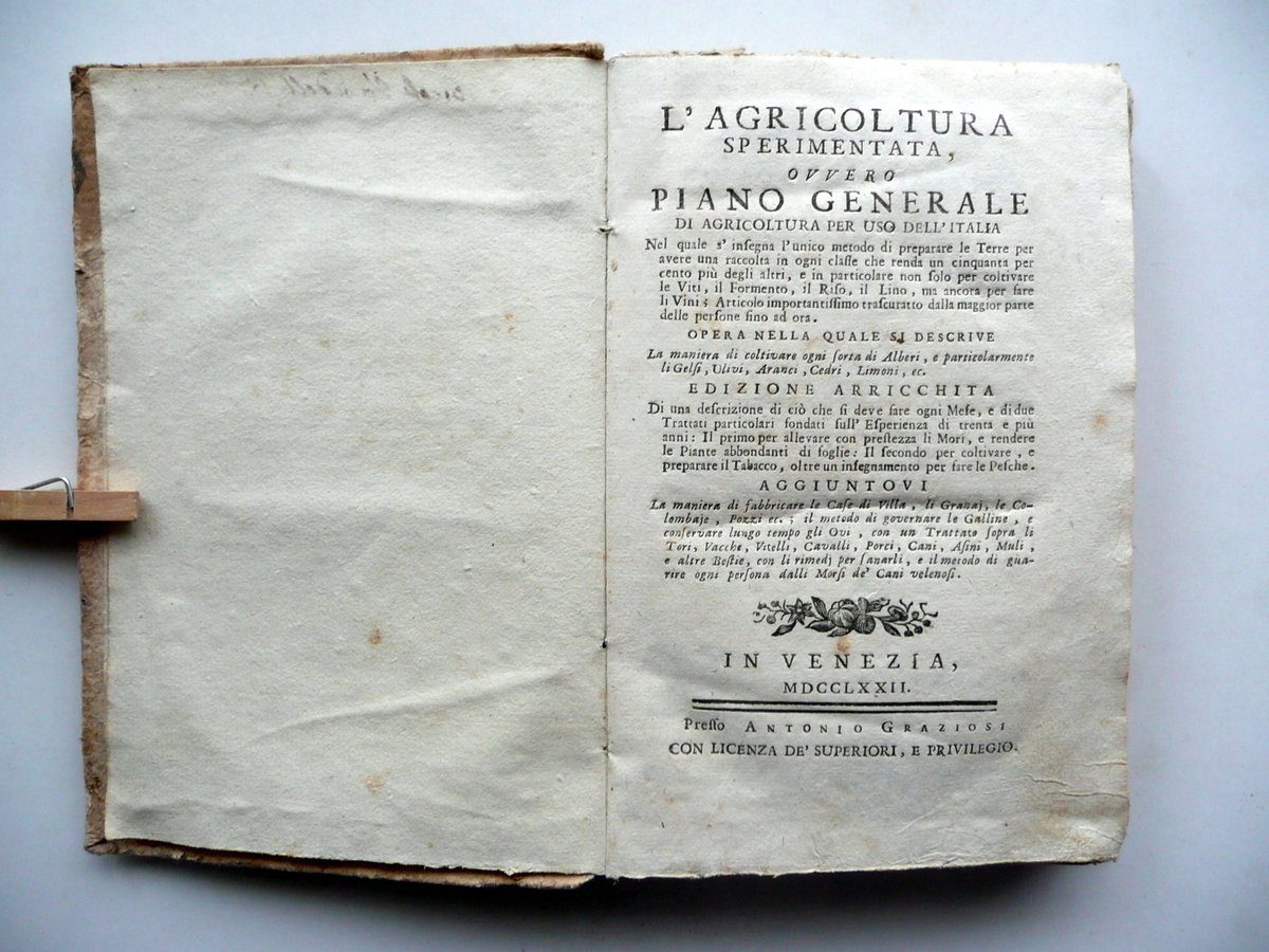 L'Agricoltura Sperimentata Africo Clemente Padovano A. Graziosi Venezia 1772