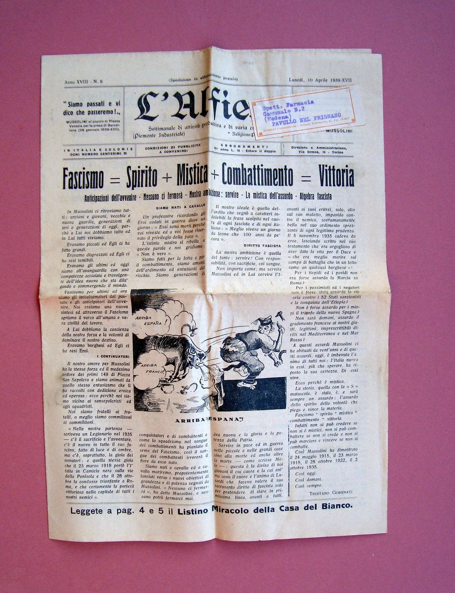 L'Alfiere settimanale 10/4/1939 Fascismo=Spirito+Mistica+Combattimento=Vittoria | Immagine principale