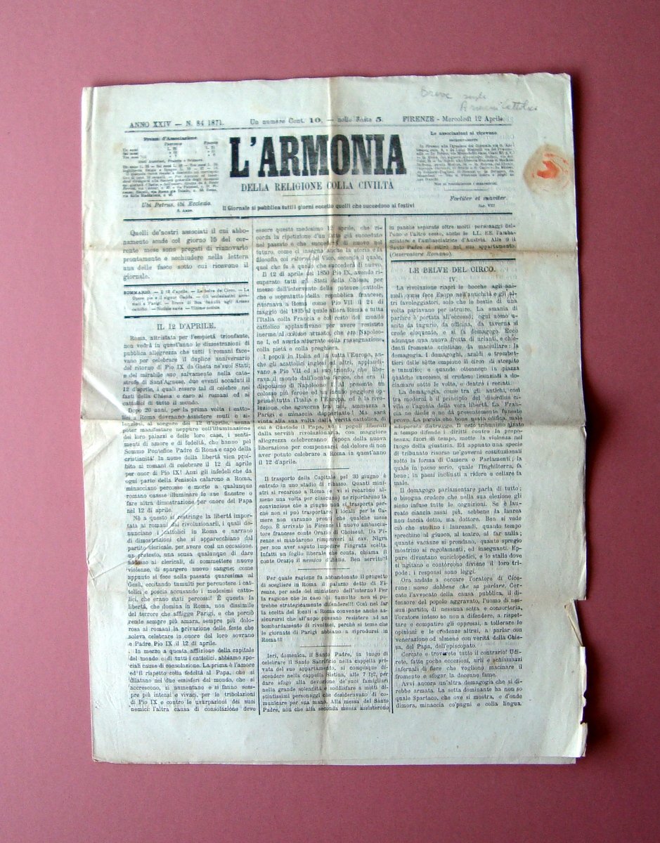 L'Armonia 1871 in prima Breve papale sugli Armeni Cattolici Pio …