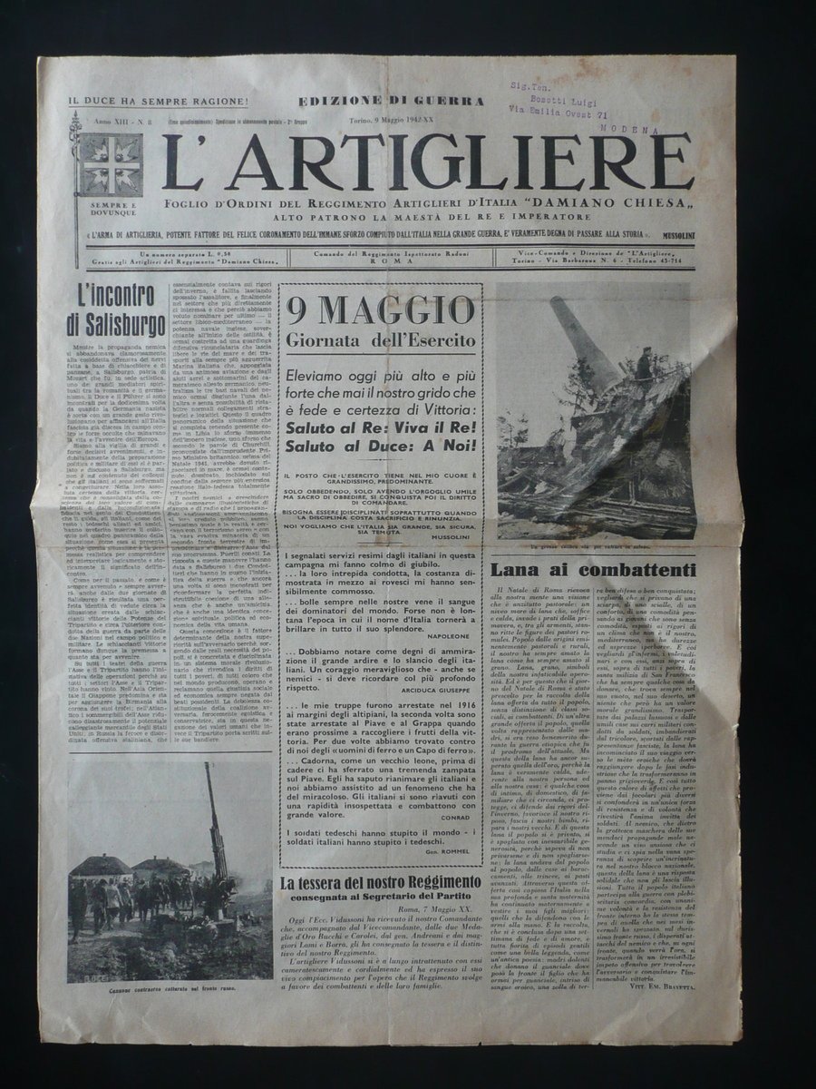 L'Artigliere Foglio d'Ordini Reggimento Damiano Chiesa 9/5/1942 WW2 Lettere