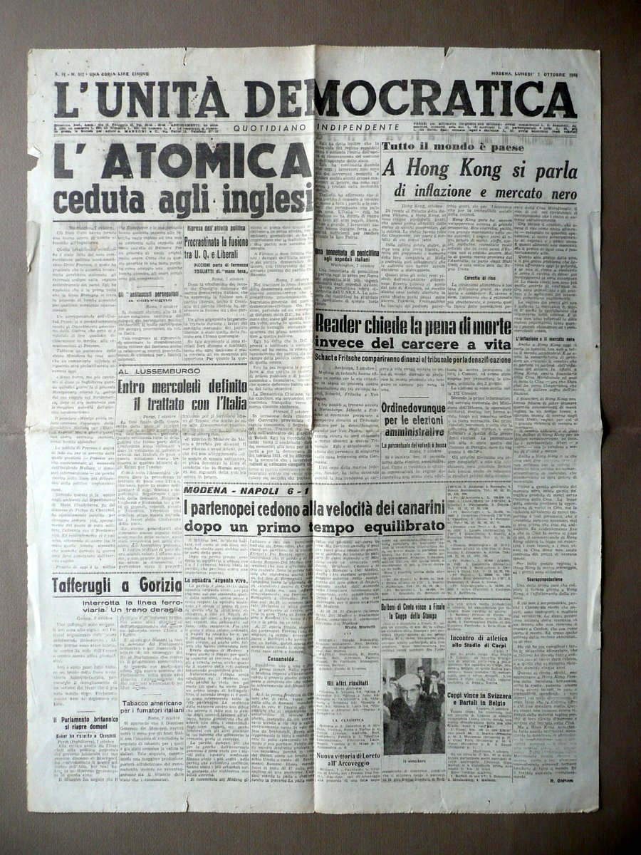 L'Atomica Ceduta agli Inglesi L'Unit‡ Democratica Modena 7/10/1946