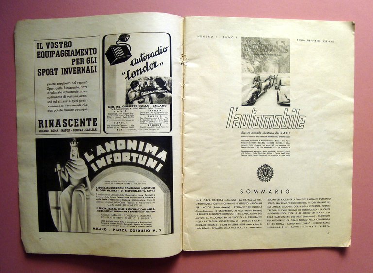 L'Automibile Rivista RACI Anno 1 N 1 Gennaio 1939 Auto …