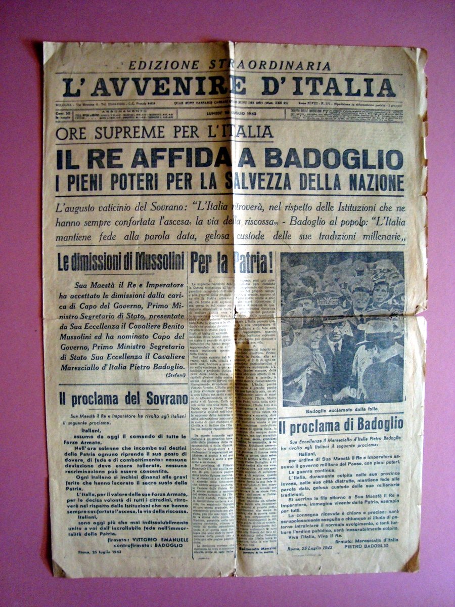 L'Avvenire d'Italia 1942 Re a Badoglio pieni poteri originale Ed …