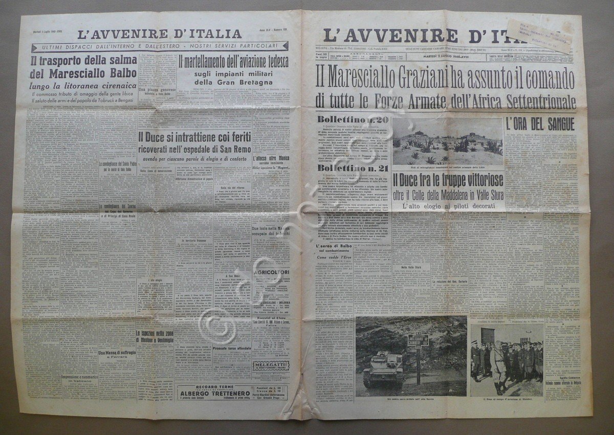 L'Avvenire d'Italia Anno XLV N.153 Graziani Comando Africa Settentrionale 1940