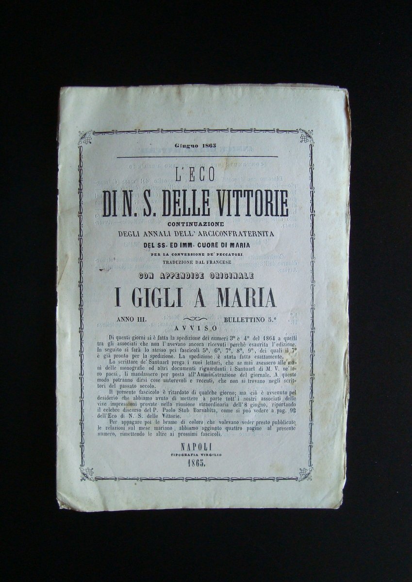 L'eco di N S Delle Vittorie rivista Arciconfraternita 1865 Gigli …