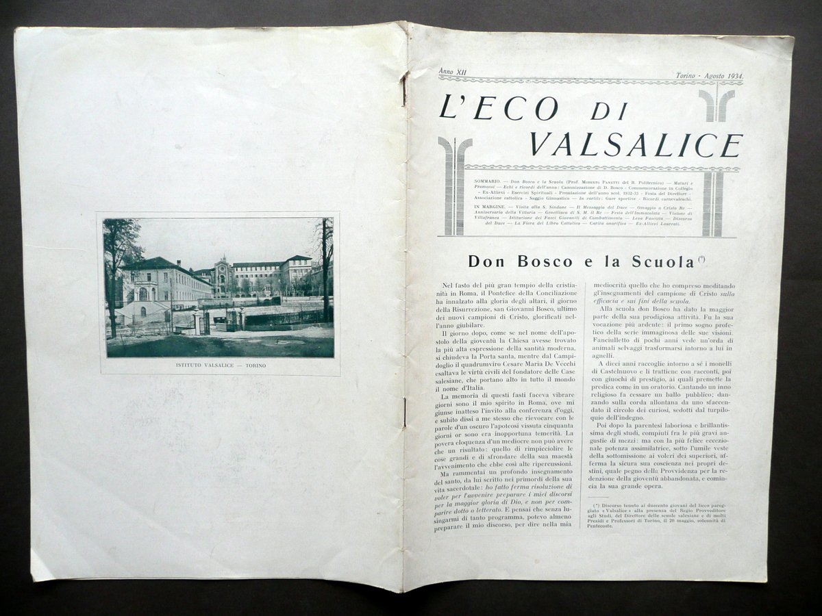 L'Eco di Valsalice Anno XII Torino Agosto 1934 Canonizzazione Don … | Immagine principale
