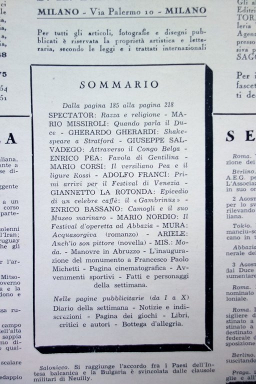 L'Illustrazione Italiana Agosto 1938 Spectator Razza e Religione Completo