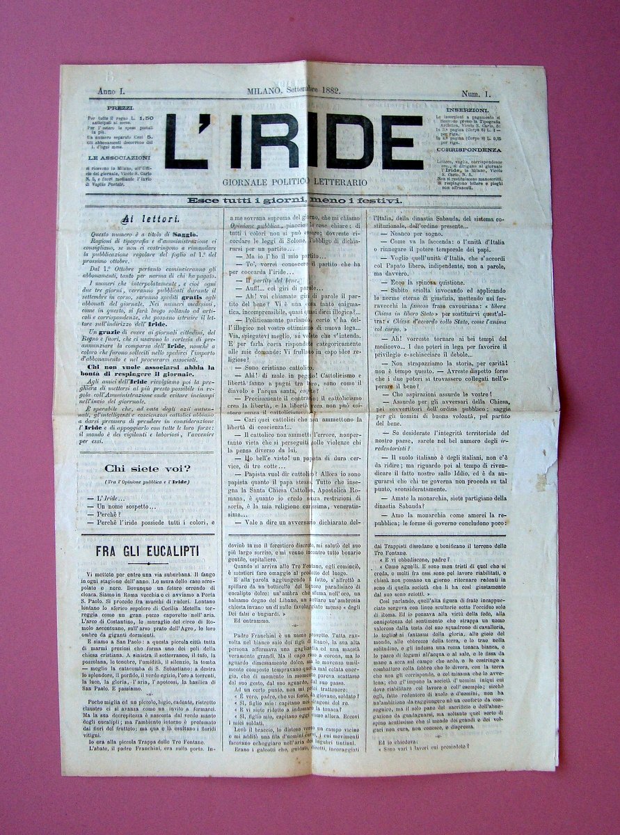 L'Iride Anno 1 N 1 giornale politico letterario Milano 1882