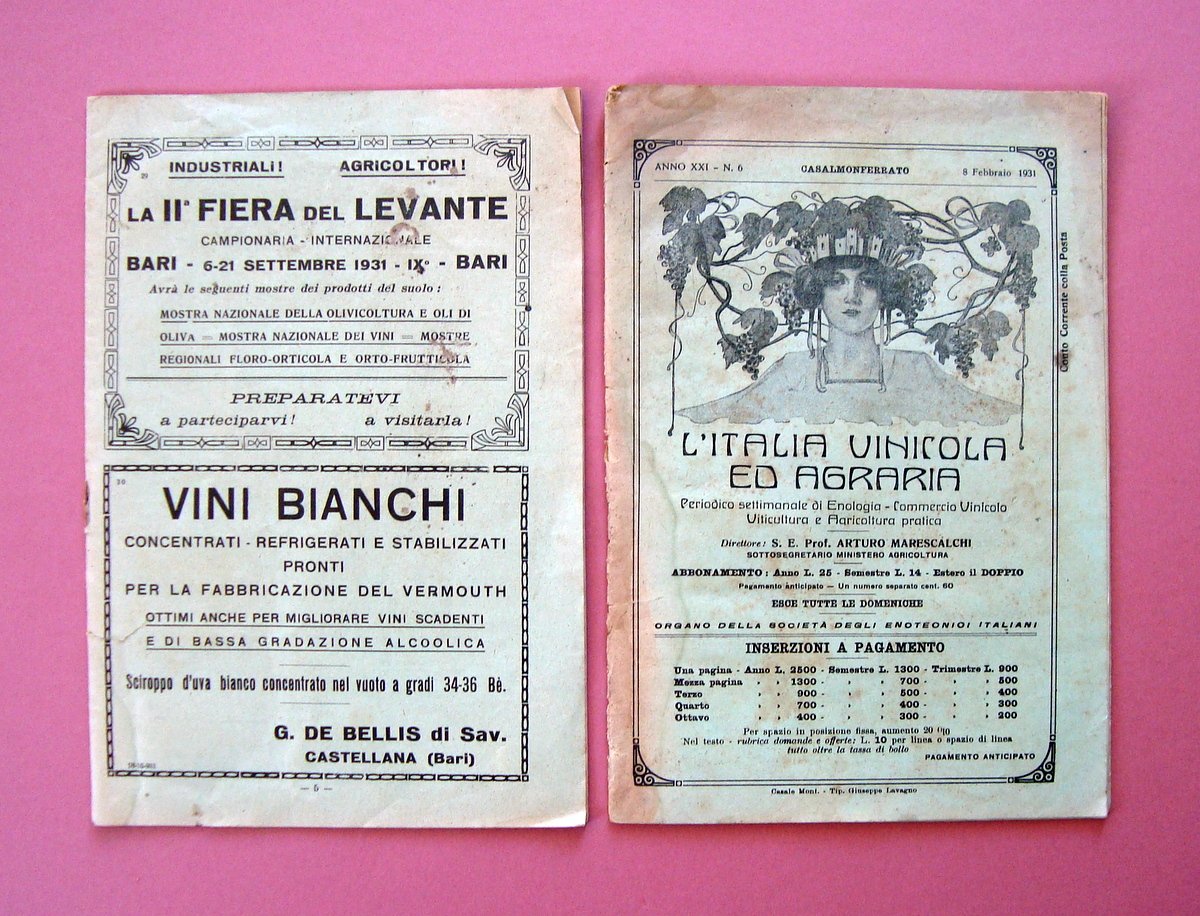 L'Italia Vinicola ed Agraria 1931 due numeri 6-29 Enologia Commercio …