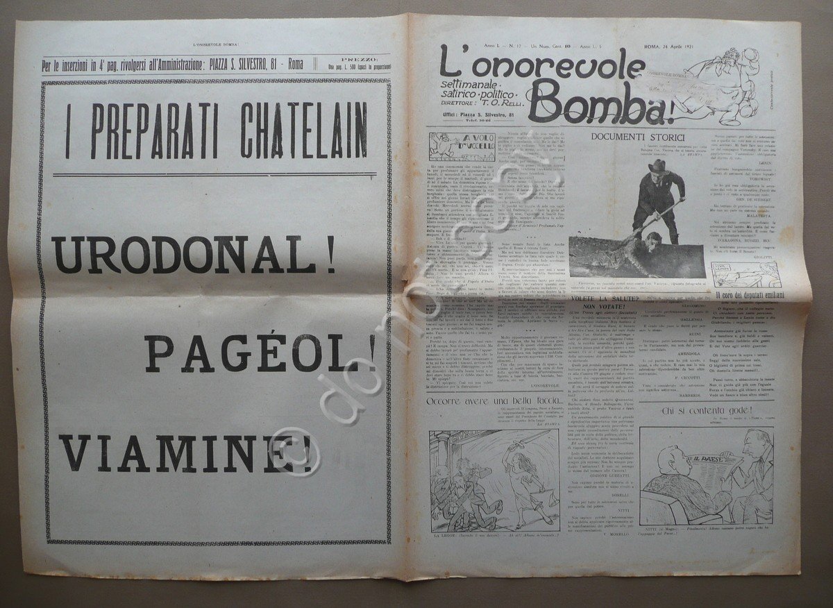 L'Onorevole Bomba! Settimanale Satirico Politico Anno 1 N.17 Roma 24/4/1921