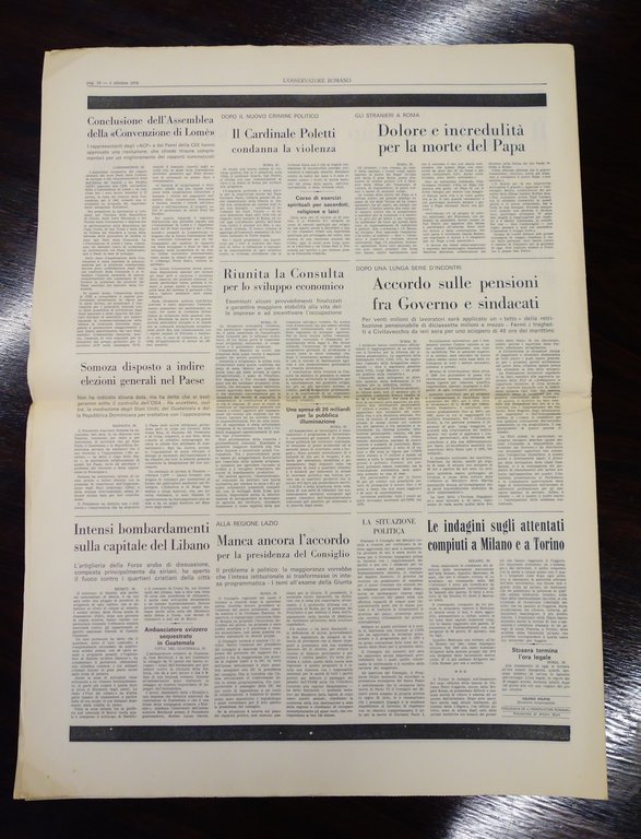 L'OSSERVATORE ROMANO MORTE PAPA GIOVANNI PAOLO I LUCIANI 1/19/1978 COMPLETO