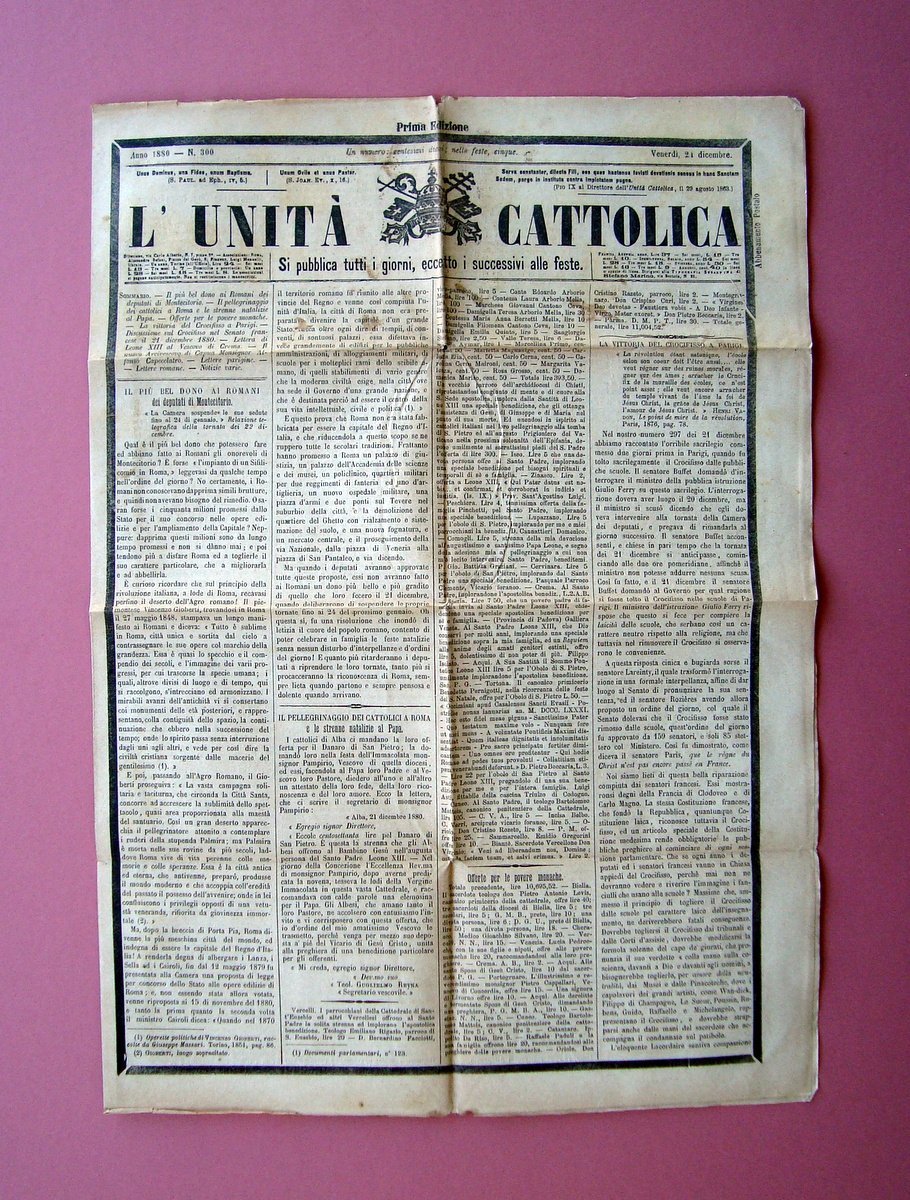 L'Unit‡ Cattolica Anno 1880 Alfonso Capecelatro Vescovo Capua Elezione | Immagine principale