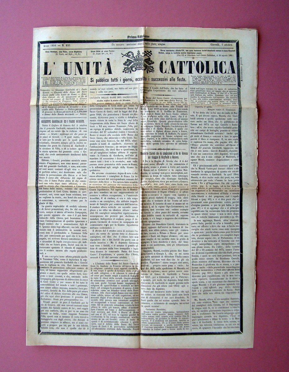 L'Unit‡ Cattolica Anno 1880 Garibaldi ed i Padri Gesuiti viaggio …